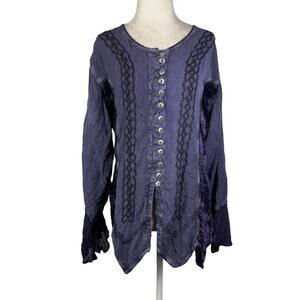 Vintage 90s L'Pogee Navy Blue Embroidered Boho Peasant Top